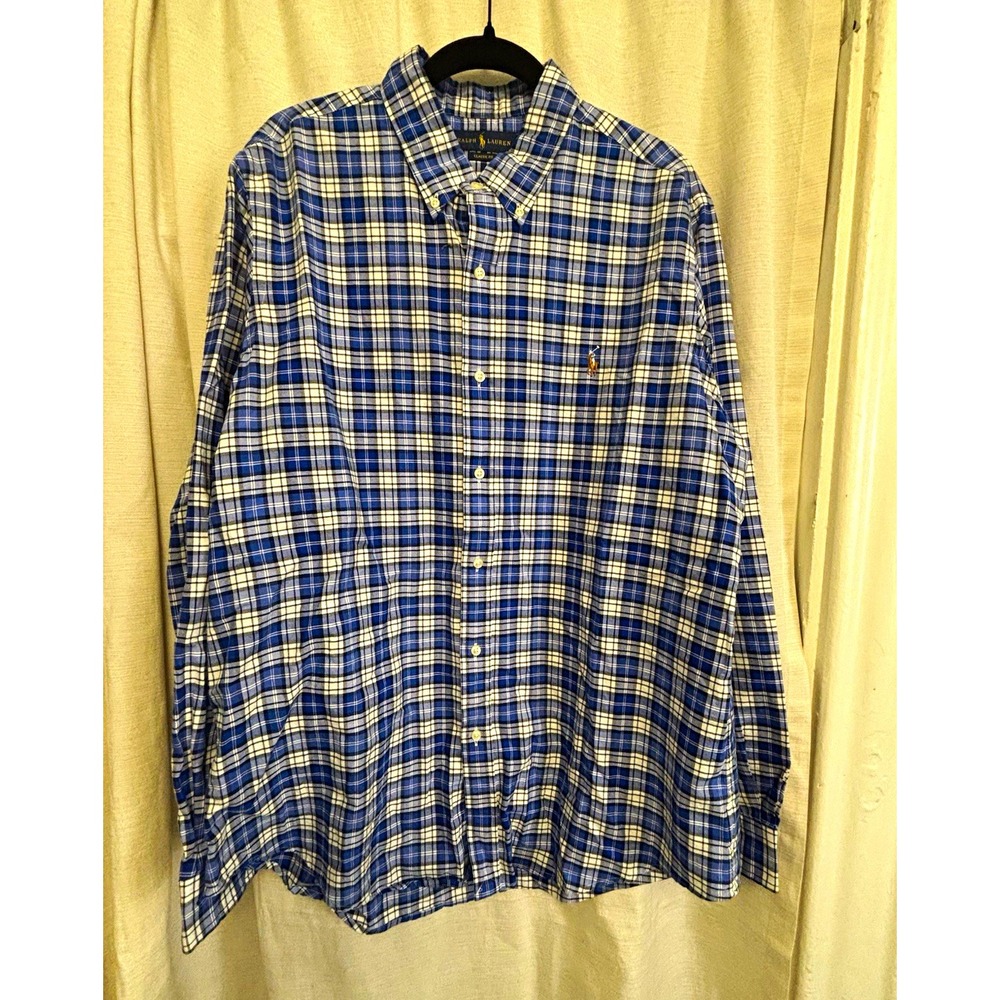 Ralph Lauren Classic Fit XL Plaid Button-Down Long Sleeve Cotton Shirt Blue